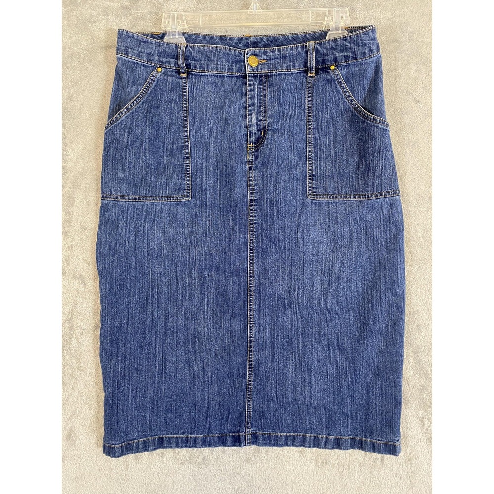 Ruby Rd Denim Skirt Womens Petite 12P Blue Stretch Pencil Straight Pockets Split
